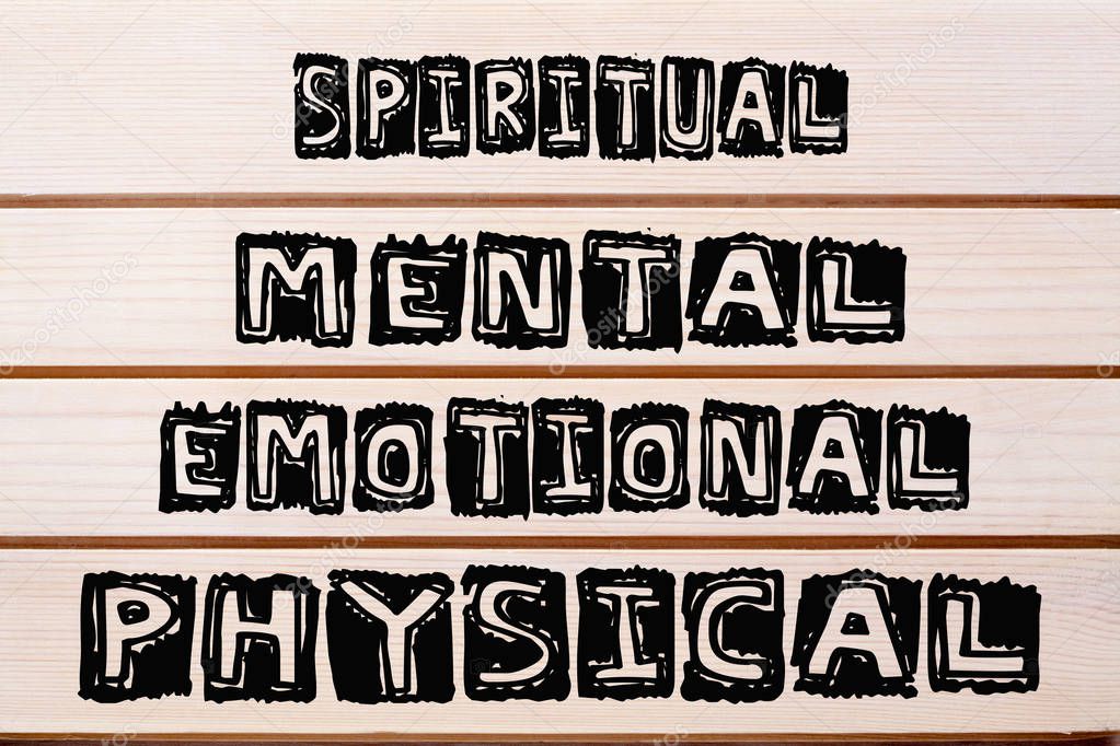 Mental spiritual emotional physical written on wood wall decor.