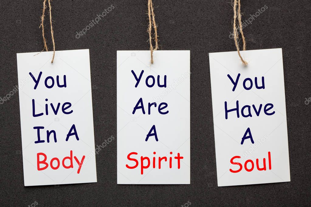Body, Soul and Spirit paper labels set on black background. Business concept