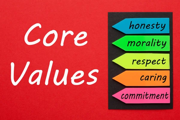 Valores Básicos Con Palabras Conceptuales Escritas Sobre Fondo Rojo Concepto — Foto de Stock