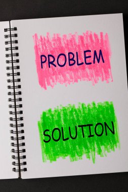 Problem and Solution on painted sketchbook in red and green. Business concept. clipart