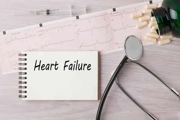 Heart Failure Written Notebook Stethoscope Syringe Pills Medical Concept — Stock Photo, Image