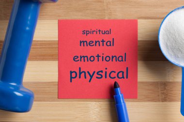 Zihinsel ruhsal duygusal fiziksel üzerinde yazılı not ve kreatin ve dumbbell ile Kepçe. Konsept spor, diyet, fitness, sağlıklı yeme.