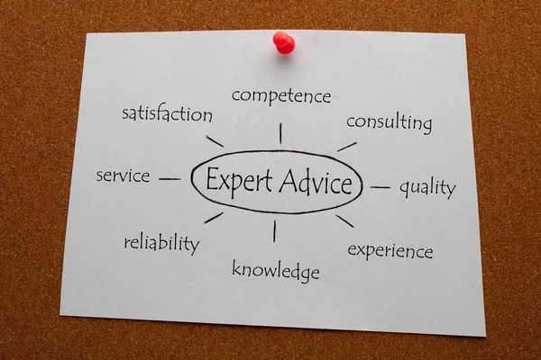 Expert Advice diagram on white paper sheet pinned on cork board. Business concept