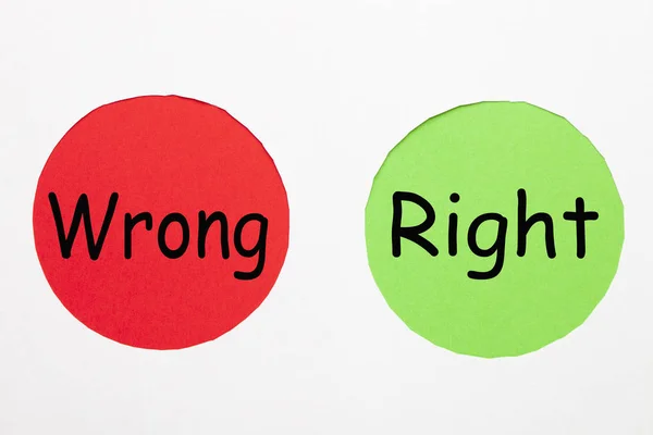 白色背景上红色和绿色圆圈中的正确或错误文本 评估概念 — 图库照片