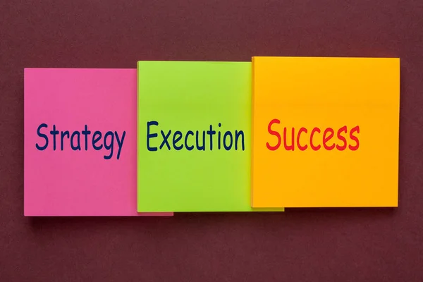 Strategy Execution Success text on colorful note in the shape of a staircase. Business Concept