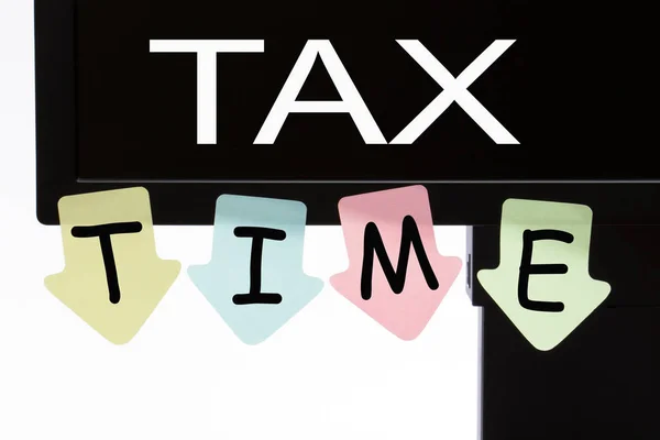 Податковий Час Написаний Дисплеї Комп Ютера Нотатках Нагадувань Концепція Бізнесу — стокове фото