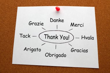 Thank You in Different Languages diagram on white paper sheet pinned on cork board.  clipart