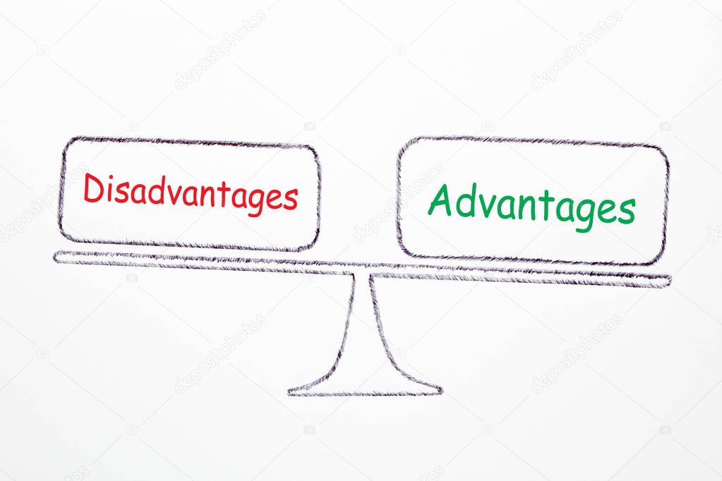 Drawing scale with text Advantages and Disadvantages on white background. Business concept.