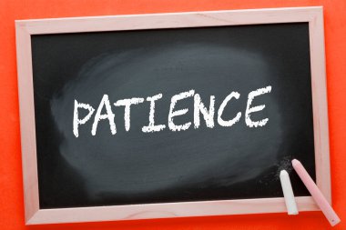 The word patience written on blackboard and color chalks. Business concept.