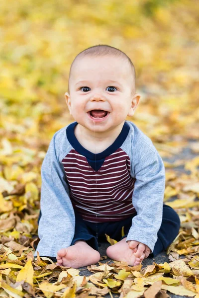 Sarı yaprakların arasında oturan bebek.