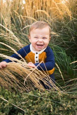 Tatlı çocuk poz veriyor ve uzun süs çimlerinde gülümsüyor.