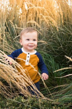 Tatlı çocuk poz veriyor ve uzun süs çimlerinde gülümsüyor.