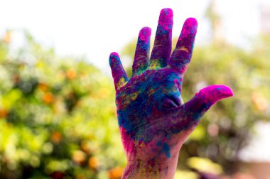 Renkli el karşı arka plan bulanık Holi hindu Festivali sırasında vuruldu.