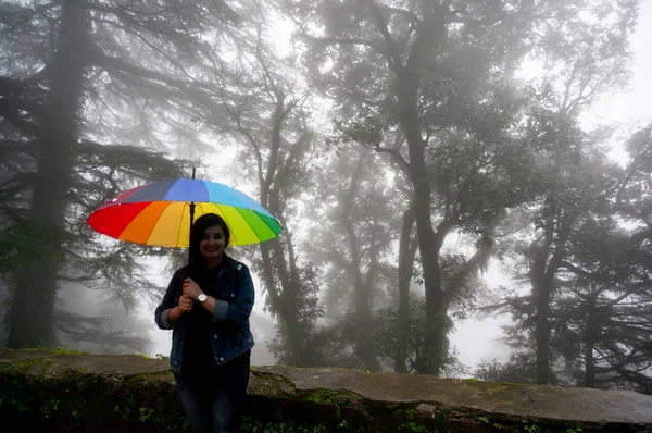 Młoda Hinduska dziewczyna z kolorowym parasolem stojąca przed upiornymi mglistymi drzewami — Zdjęcie stockowe