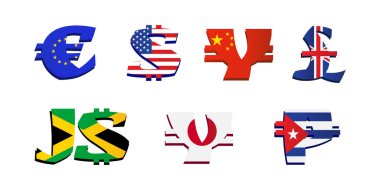 Beyaz arkaplandaki para işaretlerinin vektör görüntüsü.