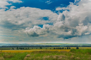kırsal manzara. tepeler ve geçit bitkileri fırtınalı gökyüzü altında. kırsal kesimde yaz