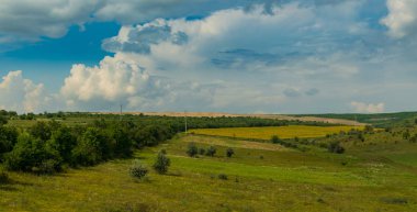 kırsal manzara. tepeler ve geçit bitkileri fırtınalı gökyüzü altında. kırsal kesimde yaz