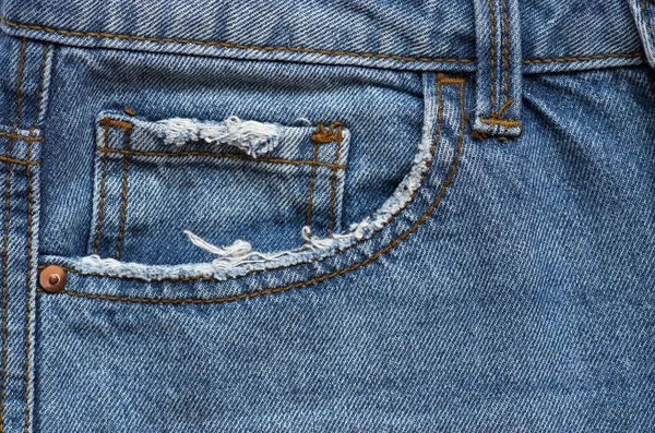 Fechar Detalhes Calça Jeans Azul Gasto Fundo Ganga — Fotografia de Stock