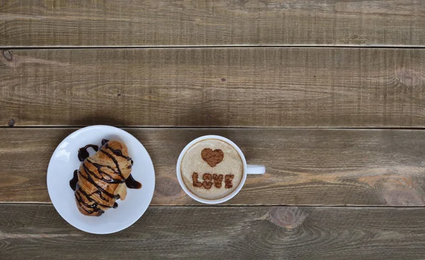 Fresh Croissant Liquid Chocolate Cup Coffee Cream Symbols Love Foam — Stock Photo, Image