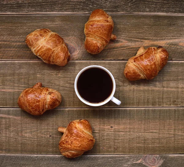 Cup Black Coffee Freshly Baked Croissants Golden Crust Brown Wooden — Stock Photo, Image