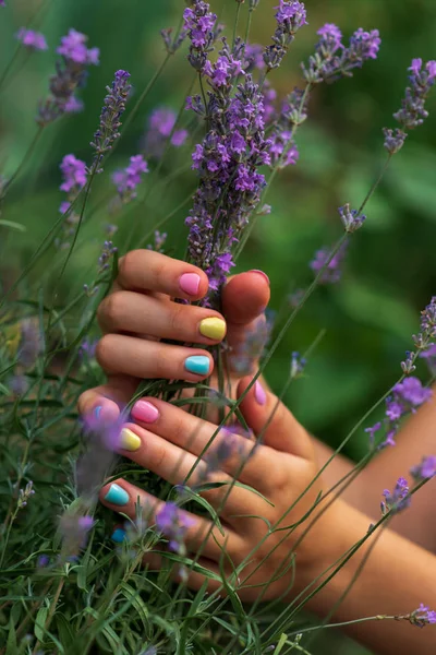 çok renkli manikür ve çiçekli lavanta ile bir kızın narin ellerin yakın çekim. tamamlayıcı renkler