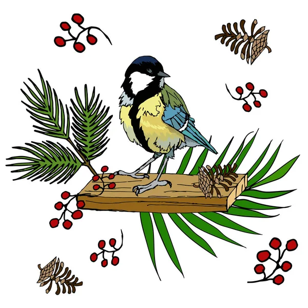 Ptak za gałęziami i jagodami — Wektor stockowy