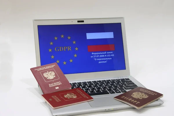 Screensaver on the monitor with information about the protection of personal data and identity on the laptop keyboard. Personal data protection in the EU and Russia. Text in Russian: Federal Law of July 27, 2006 No. 152-FZ \