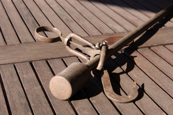 Russian Bezmen Simplest Lever Scales Wooden Table Slats Metal Rod — Stock Photo, Image