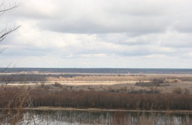Konstantinovo köyü yakınlarındaki ilkbaharda Oka Nehri'nin su çayırları