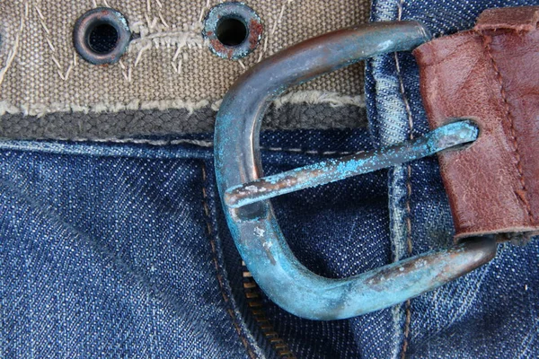 Old Belt Buckle Background Blue Jeans — Stock Photo, Image