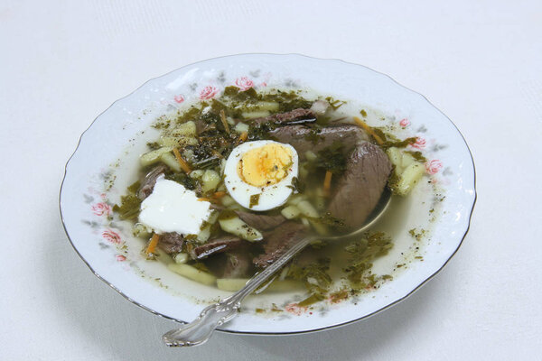 Sorrel and nettle soup with meat and egg