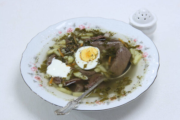 Sorrel and nettle soup with meat and egg