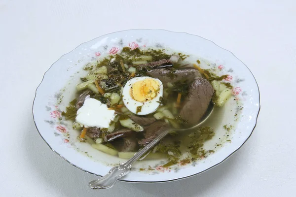 Sorrel and nettle soup with meat and egg — Stock Image Sorrel Nettle Soup Meat Egg Stock Photo