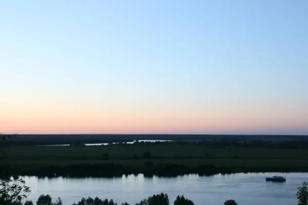 Sunset Oka River Ship Flood Meadows Village Konstantinovo — Stock Fotó