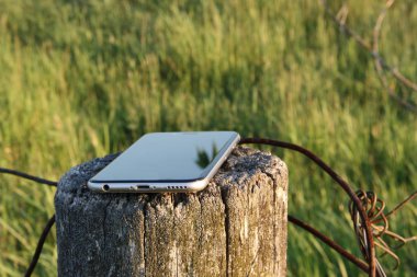 Yeşil çim arka planda eski ahşap sonrası siyah akıllı telefon