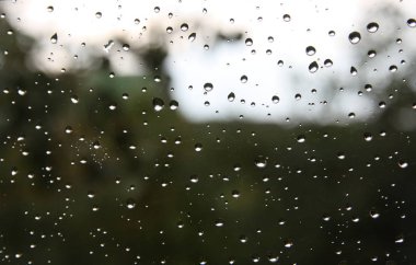 Bahçe ve gökyüzünün arka planına karşı yağmurdan sonra pencere bölmesindeki su damlaları