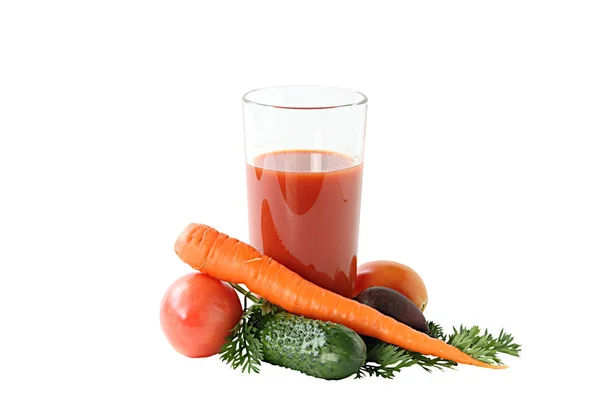 Ein Glas Tomatensaft Mit Roten Tomaten Gurken Rüben Karotten Und — Stockfoto