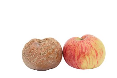 Olgun kırmızı elma ve beyaz bir arka plan üzerinde kahverengi çürük elma 