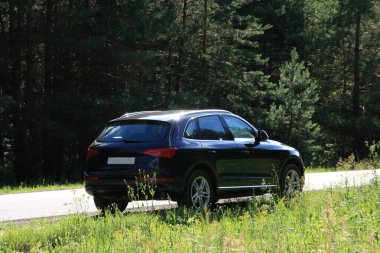 Siyah araba ormanda yolda.