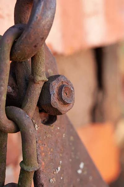 Rusty nut and rusty chain links on brown bricks background