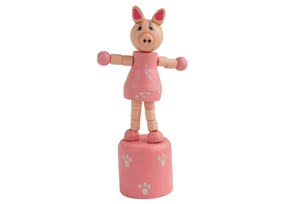 Wooden toy pink pig. Symbol of the year 2019. Isolate — Stock Photo, Image