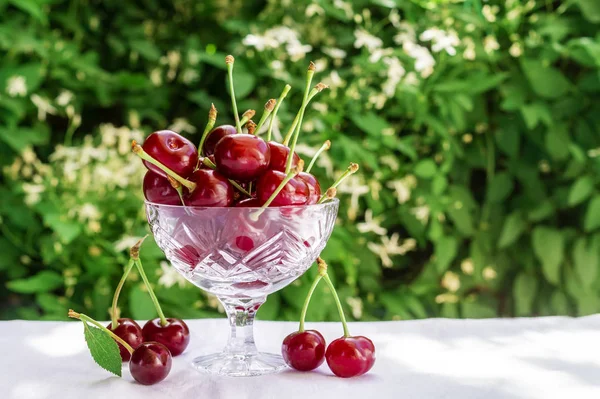 Cerises fraîches dans un bol en cristal sur une table avec un chiffon blanc sur un fond naturel vert de fleurs floues. Concept d'aliments sains, vitamine C. Copiez l'espace pour votre texte — Photo