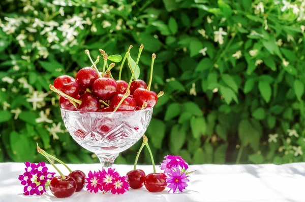 Cerises fraîches dans un bol en cristal sur une table avec un chiffon blanc et décor de fleurs sur un fond naturel vert de fleurs floues. Concept d'aliments sains, vitamine C. Copiez l'espace pour votre texte — Photo