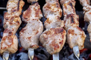 Doğu Avrupa'da popüler Şişlik veya Şiş kebap. Barbekü taze et domuz dilimleri. Kömür ve alev üzerinde Izgara, piknik