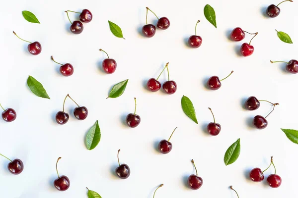 Modèle Cerise Pose Plate Cerises Sur Fond Blanc Vue Dessus — Photo