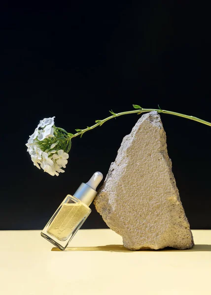 Concetto di benessere e cosmesi naturale. Bottiglia di olio essenziale per massaggi alle erbe nella composizione fotografica di pietra e fiore bianco su sfondo nero. — Foto Stock