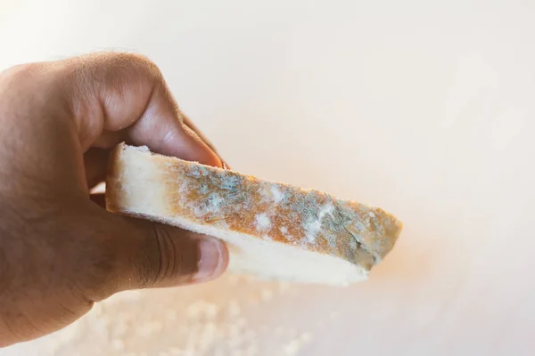 Macho Mano Sosteniendo Rebanada Pan Con Molde Sobre Fondo Claro — Foto de Stock