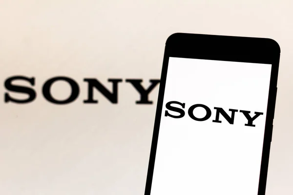 March 29, 2019, Brazil. Sony logo on the mobile device. Sony is a Japanese multinational company that manufactures electronic products. Its headquarters are in Tokyo, Japan — Stock Photo, Image