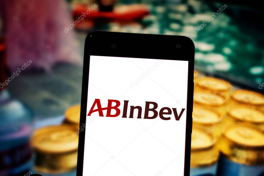 April 1, 2019, Brazil. Anheuser-Busch InBev logo (AB InBev) on the mobile device. AB InBev is a multinational beverage and beer company. It is the merger of Belgian Interbrew and Brazilian Ambev.