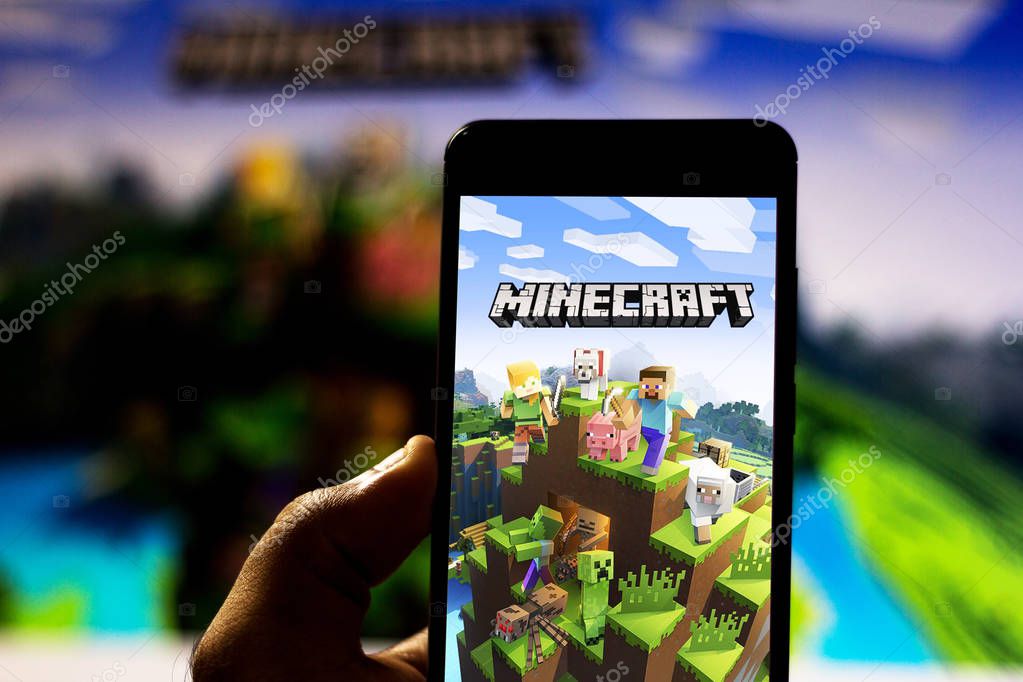 April 2, 2019, Brazil. Minecraft logo on Android mobile device. Minecraft is an open-world, independent, sandbox-style electronic game that allows you to build blocks from which the world is made.